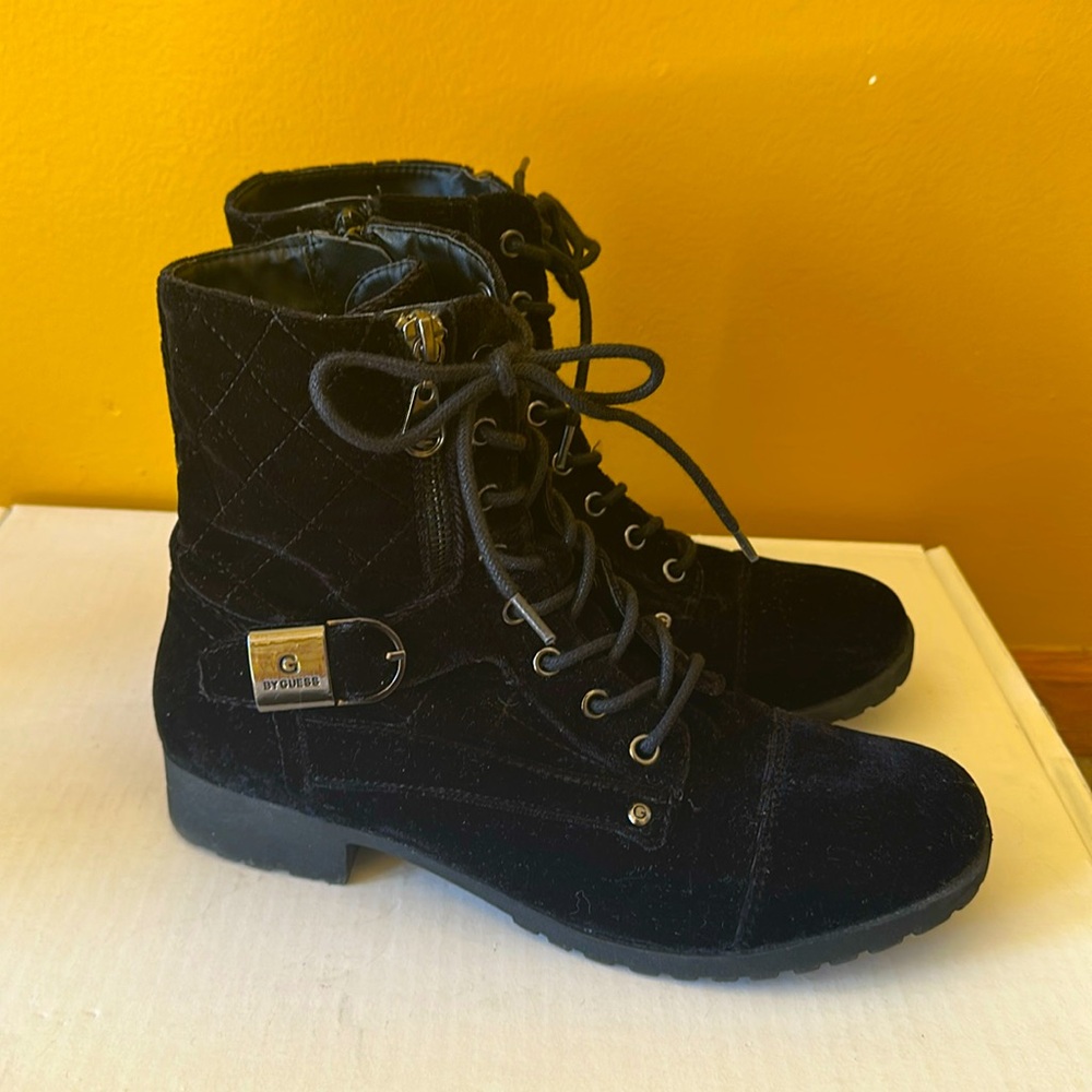 G by Guess Black Velvet Lace Up Zipper Botties